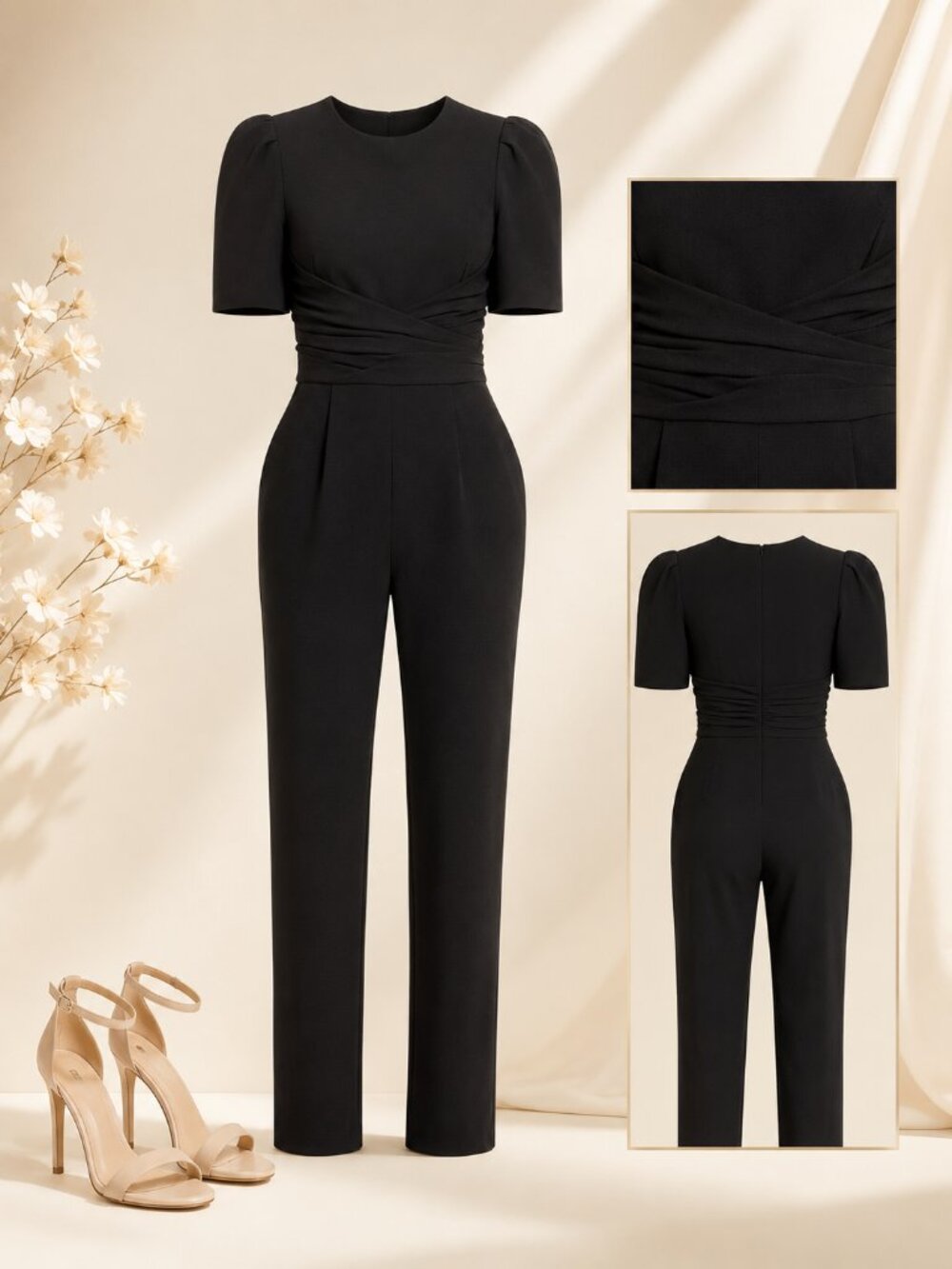 Eliza J Petite Size 0P Black Balloon Sleeve Tie Waist Crepe Jumpsuit NWT